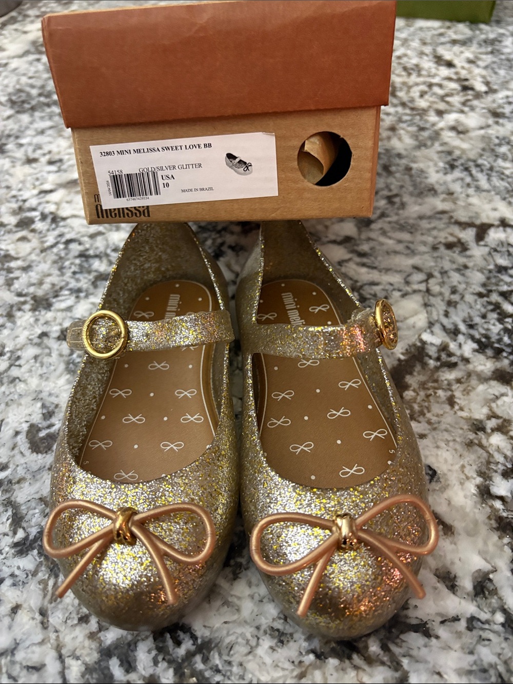 Melissa Kids Gold Glitter Mary Janes with Metallic Bow